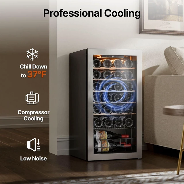 Alt view image 5 of 7 - Ca'Lefort 28 Bottle Wine Fridge, Wine Refrigerator Cooler with Double-Pane Glass Door, Adjustable Shelves, 37-65°F Digital Temperature Control, Freestanding/Countertop for Home Bar Office, 3.11 Cu.ft