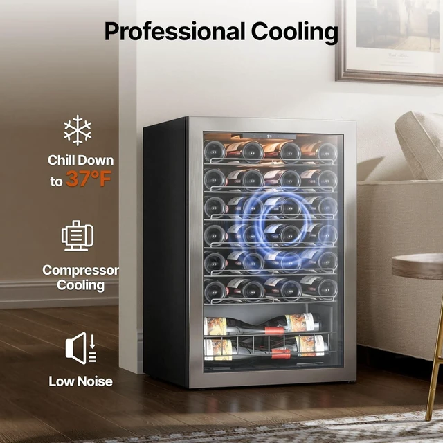 Alt view image 5 of 7 - Ca'Lefort 46 Bottle Wine Refrigerator Cooler, 4.59 Cu.ft Mini Wine Cellar Wine Fridge with Dual-Pane Glass Door, Adjustable Shelves, 3-Color LED, 37-65°F Freestanding/Under Counter for Home Bar Office