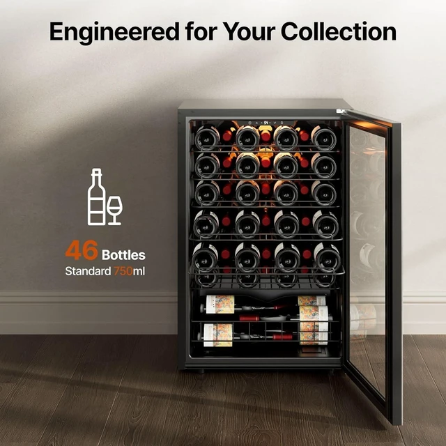 Alt view image 2 of 7 - Ca'Lefort 46 Bottle Wine Refrigerator Cooler, 4.59 Cu.ft Mini Wine Cellar Wine Fridge with Dual-Pane Glass Door, Adjustable Shelves, 3-Color LED, 37-65°F Freestanding/Under Counter for Home Bar Office
