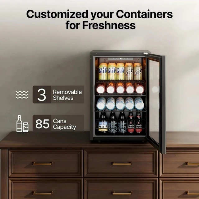 Alt view image 3 of 7 - Ca'Lefort 85 Cans Beverage Cooler Refrigerator, 2.19 Cu.ft Mini Drinks Fridge with Double-Pane Glass Door for Soda Beer Wine, 3-Color LED Lights, 34-54°F Countertop or Freestanding for Home Bar Office