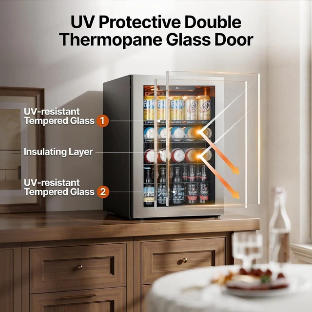 Alt view image 6 of 7 - Ca'Lefort 85 Cans Beverage Cooler Refrigerator, 2.19 Cu.ft Mini Drinks Fridge with Double-Pane Glass Door for Soda Beer Wine, 3-Color LED Lights, 34-54°F Countertop or Freestanding for Home Bar Office