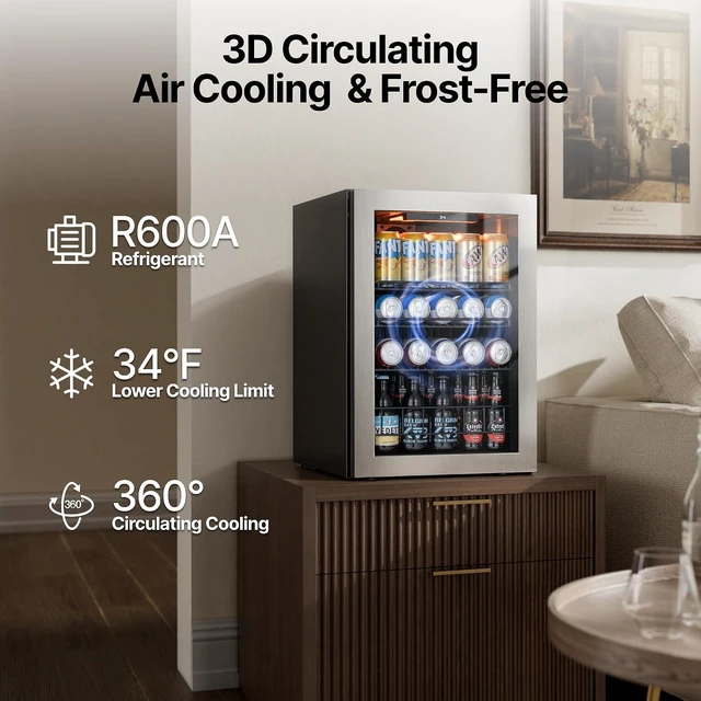 Alt view image 5 of 7 - Ca'Lefort 85 Cans Beverage Cooler Refrigerator, 2.19 Cu.ft Mini Drinks Fridge with Double-Pane Glass Door for Soda Beer Wine, 3-Color LED Lights, 34-54°F Countertop or Freestanding for Home Bar Office