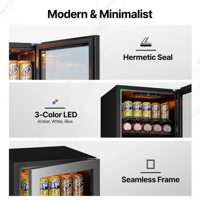 Alt view image 7 of 7 - Ca'Lefort 85 Cans Beverage Cooler Refrigerator, 2.19 Cu.ft Mini Drinks Fridge with Double-Pane Glass Door for Soda Beer Wine, 3-Color LED Lights, 34-54°F Countertop or Freestanding for Home Bar Office