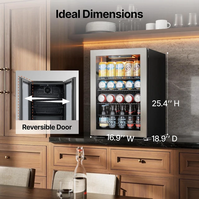 Alt view image 2 of 7 - Ca'Lefort 85 Cans Beverage Cooler Refrigerator, 2.19 Cu.ft Mini Drinks Fridge with Double-Pane Glass Door for Soda Beer Wine, 3-Color LED Lights, 34-54°F Countertop or Freestanding for Home Bar Office