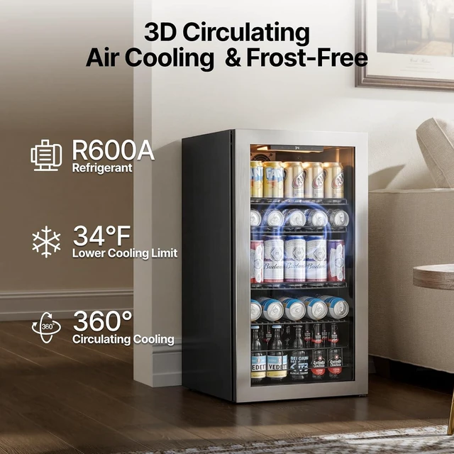 Alt view image 5 of 7 - Ca'Lefort 105 Cans Beverage Cooler Refrigerator, 3.11 Cu.ft Mini Drinks Fridge with Double-Pane Glass Door for Soda Beer Wine, 3-Color LED, 34-54°F Freestanding or Under Counter for Home Bar Office