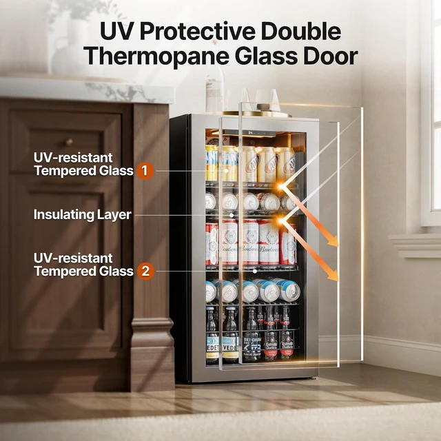 Alt view image 6 of 7 - Ca'Lefort 105 Cans Beverage Cooler Refrigerator, 3.11 Cu.ft Mini Drinks Fridge with Double-Pane Glass Door for Soda Beer Wine, 3-Color LED, 34-54°F Freestanding or Under Counter for Home Bar Office