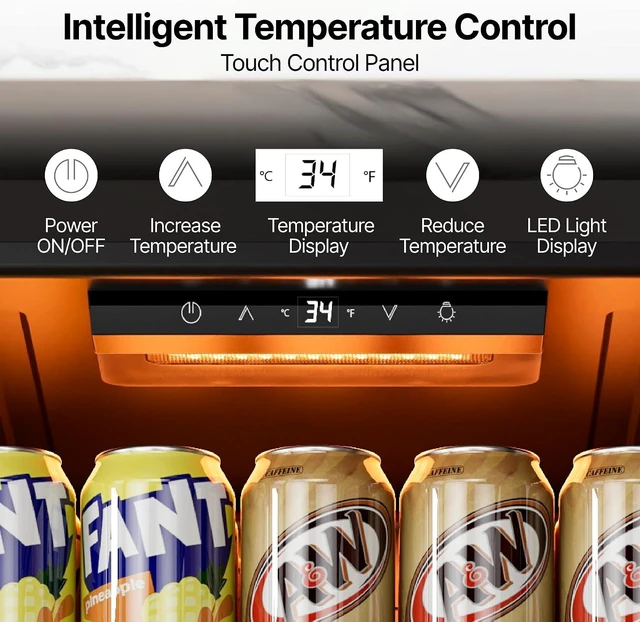 Alt view image 4 of 7 - Ca'Lefort 105 Cans Beverage Cooler Refrigerator, 3.11 Cu.ft Mini Drinks Fridge with Double-Pane Glass Door for Soda Beer Wine, 3-Color LED, 34-54°F Freestanding or Under Counter for Home Bar Office