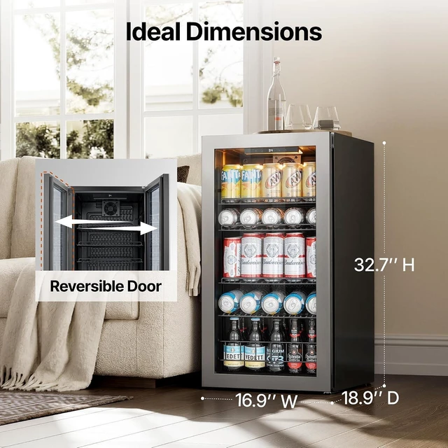 Alt view image 2 of 7 - Ca'Lefort 105 Cans Beverage Cooler Refrigerator, 3.11 Cu.ft Mini Drinks Fridge with Double-Pane Glass Door for Soda Beer Wine, 3-Color LED, 34-54°F Freestanding or Under Counter for Home Bar Office