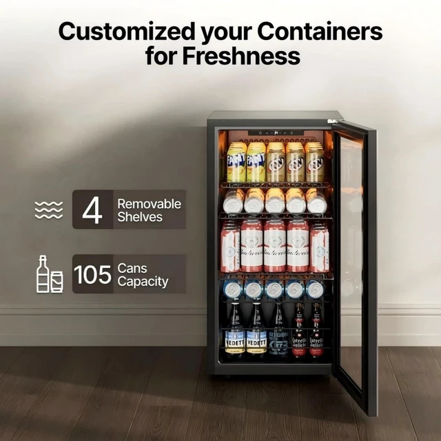 Alt view image 3 of 7 - Ca'Lefort 105 Cans Beverage Cooler Refrigerator, 3.11 Cu.ft Mini Drinks Fridge with Double-Pane Glass Door for Soda Beer Wine, 3-Color LED, 34-54°F Freestanding or Under Counter for Home Bar Office