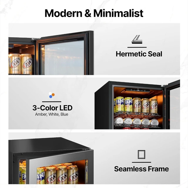 Alt view image 7 of 7 - Ca'Lefort 105 Cans Beverage Cooler Refrigerator, 3.11 Cu.ft Mini Drinks Fridge with Double-Pane Glass Door for Soda Beer Wine, 3-Color LED, 34-54°F Freestanding or Under Counter for Home Bar Office