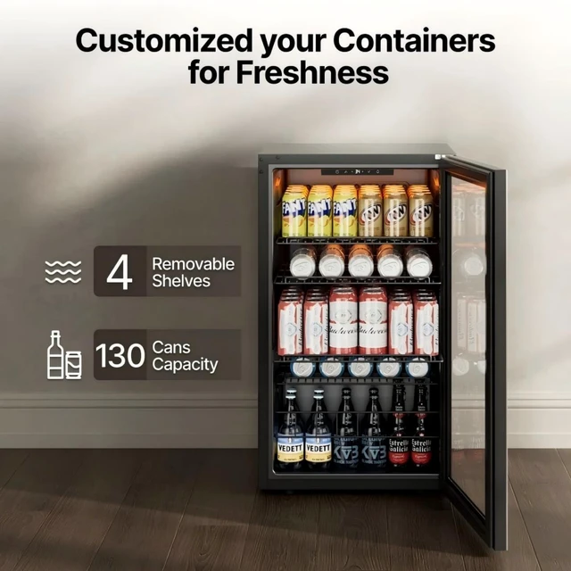 Alt view image 3 of 7 - Ca'Lefort 130 Cans Beverage Refrigerator Cooler, Mini Drinks Fridge, Double-Pane Glass Door, Adjustable Shelves, 3-Color LED Lights, 34-54°F Freestanding/Under Counter for Home Bar Office (3.35 Cu.ft)