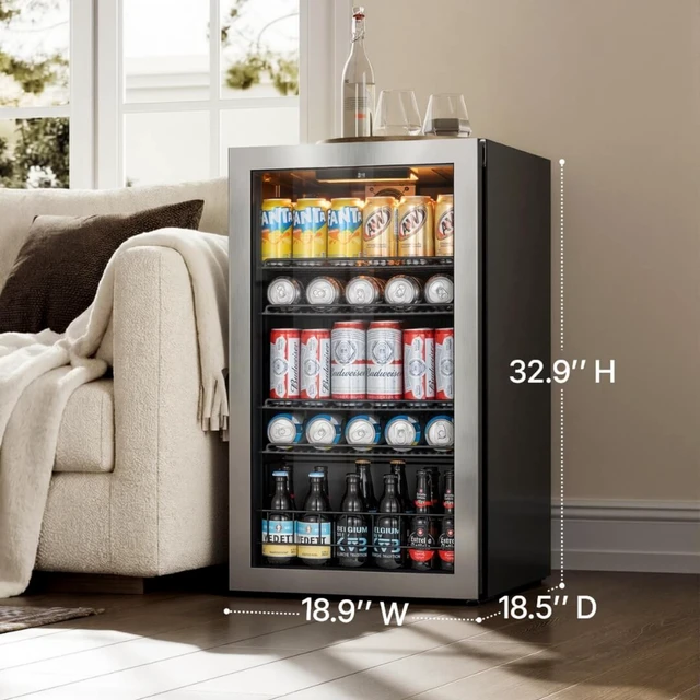 Alt view image 2 of 7 - Ca'Lefort 130 Cans Beverage Refrigerator Cooler, Mini Drinks Fridge, Double-Pane Glass Door, Adjustable Shelves, 3-Color LED Lights, 34-54°F Freestanding/Under Counter for Home Bar Office (3.35 Cu.ft)