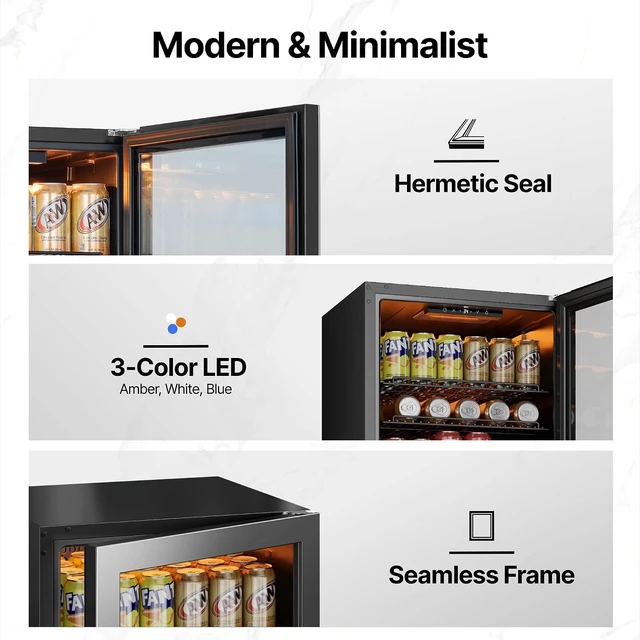 Alt view image 7 of 7 - Ca'Lefort 130 Cans Beverage Refrigerator Cooler, Mini Drinks Fridge, Double-Pane Glass Door, Adjustable Shelves, 3-Color LED Lights, 34-54°F Freestanding/Under Counter for Home Bar Office (3.35 Cu.ft)