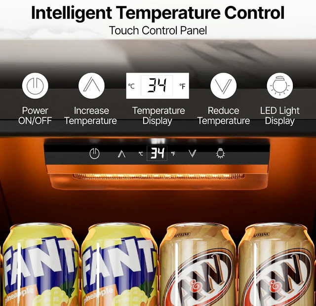Alt view image 4 of 7 - Ca'Lefort 130 Cans Beverage Refrigerator Cooler, Mini Drinks Fridge, Double-Pane Glass Door, Adjustable Shelves, 3-Color LED Lights, 34-54°F Freestanding/Under Counter for Home Bar Office (3.35 Cu.ft)