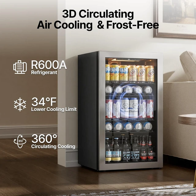Alt view image 5 of 7 - Ca'Lefort 130 Cans Beverage Refrigerator Cooler, Mini Drinks Fridge, Double-Pane Glass Door, Adjustable Shelves, 3-Color LED Lights, 34-54°F Freestanding/Under Counter for Home Bar Office (3.35 Cu.ft)