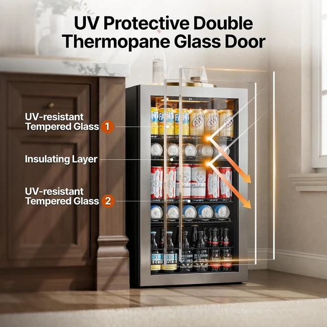 Alt view image 6 of 7 - Ca'Lefort 130 Cans Beverage Refrigerator Cooler, Mini Drinks Fridge, Double-Pane Glass Door, Adjustable Shelves, 3-Color LED Lights, 34-54°F Freestanding/Under Counter for Home Bar Office (3.35 Cu.ft)