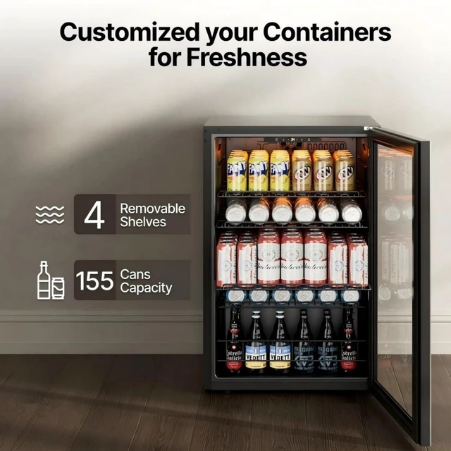 Alt view image 3 of 7 - Ca'Lefort 155 Can Beverage Refrigerator Cooler, 4.59 Cu.ft Mini Drinks Fridge for Soda Beer Wine, Double-Pane Glass Door, 3-Color LED Lights, 34-54°F Freestanding or Under Counter for Home Bar Office
