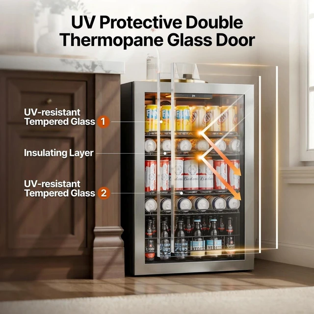 Alt view image 6 of 7 - Ca'Lefort 155 Can Beverage Refrigerator Cooler, 4.59 Cu.ft Mini Drinks Fridge for Soda Beer Wine, Double-Pane Glass Door, 3-Color LED Lights, 34-54°F Freestanding or Under Counter for Home Bar Office