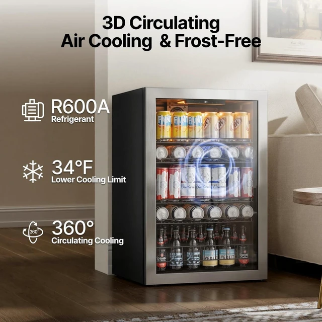 Alt view image 5 of 7 - Ca'Lefort 155 Can Beverage Refrigerator Cooler, 4.59 Cu.ft Mini Drinks Fridge for Soda Beer Wine, Double-Pane Glass Door, 3-Color LED Lights, 34-54°F Freestanding or Under Counter for Home Bar Office