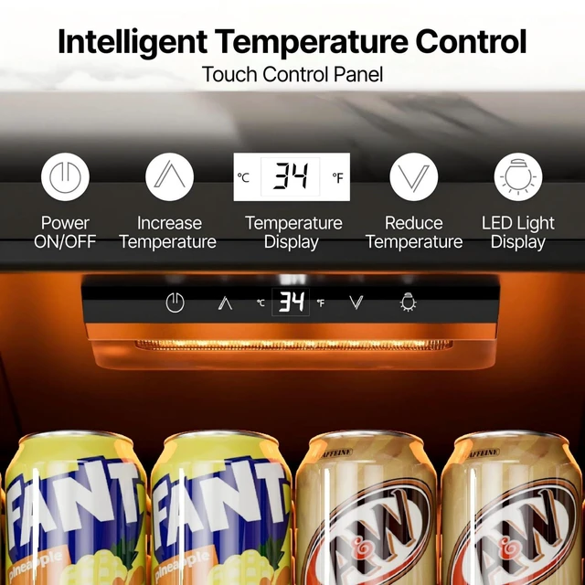 Alt view image 4 of 7 - Ca'Lefort 155 Can Beverage Refrigerator Cooler, 4.59 Cu.ft Mini Drinks Fridge for Soda Beer Wine, Double-Pane Glass Door, 3-Color LED Lights, 34-54°F Freestanding or Under Counter for Home Bar Office