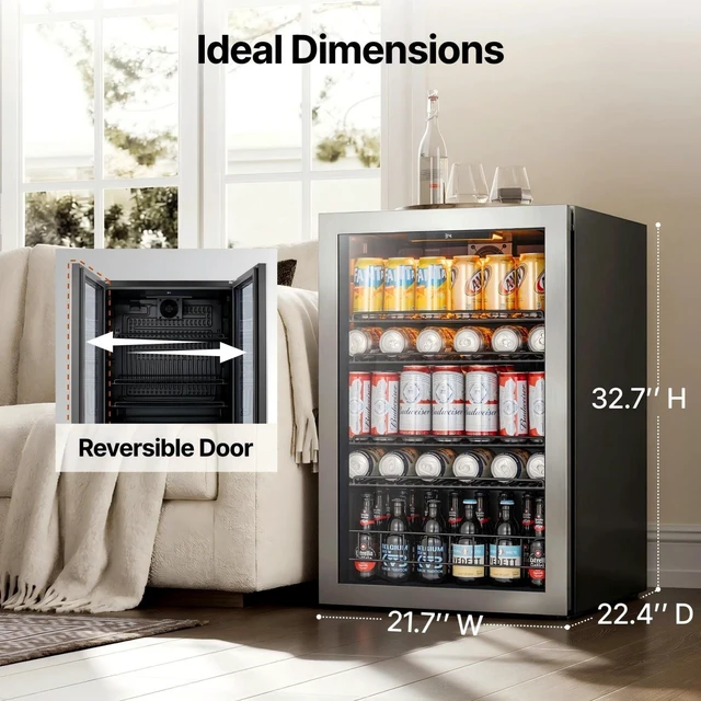 Alt view image 2 of 7 - Ca'Lefort 155 Can Beverage Refrigerator Cooler, 4.59 Cu.ft Mini Drinks Fridge for Soda Beer Wine, Double-Pane Glass Door, 3-Color LED Lights, 34-54°F Freestanding or Under Counter for Home Bar Office