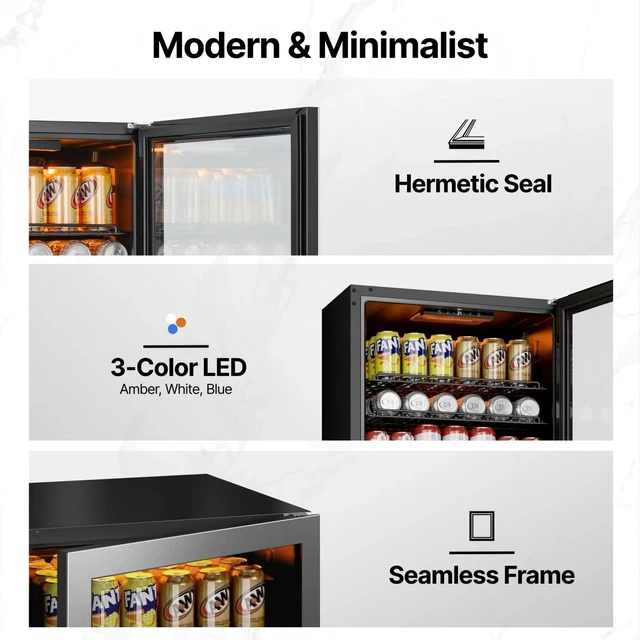Alt view image 7 of 7 - Ca'Lefort 155 Can Beverage Refrigerator Cooler, 4.59 Cu.ft Mini Drinks Fridge for Soda Beer Wine, Double-Pane Glass Door, 3-Color LED Lights, 34-54°F Freestanding or Under Counter for Home Bar Office