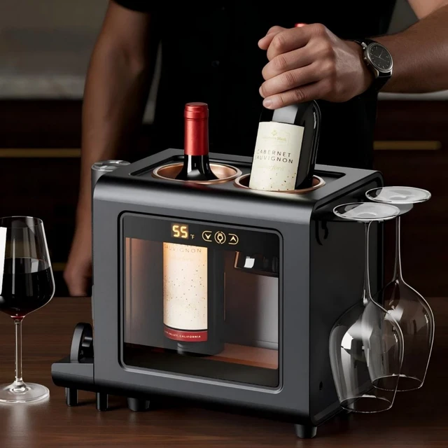 Alt view image 3 of 7 - Ca'Lefort Electric Wine Chiller Double Bottle - 46-64°F 24H Iceless Portable Wine Cooler for 750ml Wine/Red/Champagne, Multi-Scene for Kitchen/Home Bar/RV/Countertop, Gift for Vino Lover