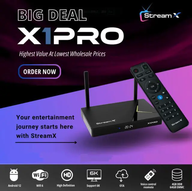 Main image of Superbox X1 Pro Portable Smart Android TV Box, 4GB+64GB Storage, Voice Remote Control, 6K Ultra HD, WiFi-6 Supported, HDMI Cable, 1000Mbps Ethernet Port, Instruction Manual