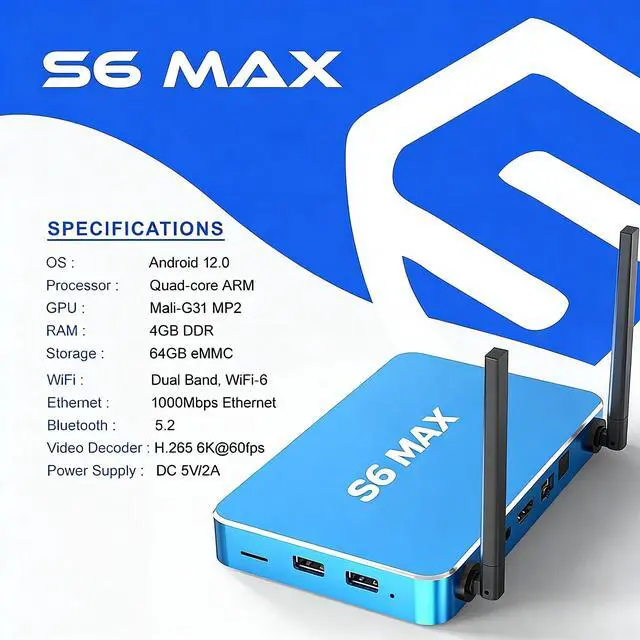 Alt view image 5 of 6 - S6 MAX Wireless Set Top Box Streaming Media Player USB 3.0 and 2.0 port High Power AC2600 Wi-Fi7 Router with MU-MIMO