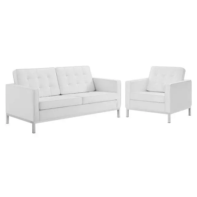Alt view image 2 of 7 - Loft Tufted Upholstered Faux Leather Loveseat and Armchair Set Silver White