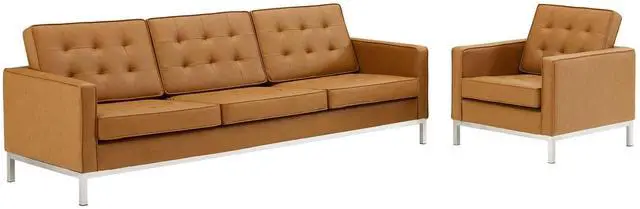Alt view image 2 of 7 - Loft Tufted Upholstered Faux Leather Sofa and Armchair Set Silver Tan