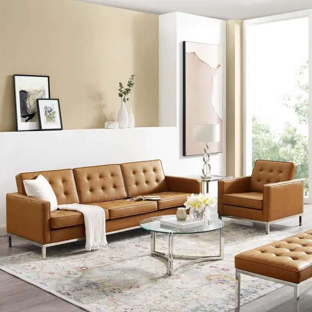 Alt view image 7 of 7 - Loft Tufted Upholstered Faux Leather Sofa and Armchair Set Silver Tan