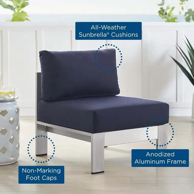Alt view image 13 of 13 - Shore Sunbrella Fabric Aluminum Outdoor Patio Armless Chair Silver Navy