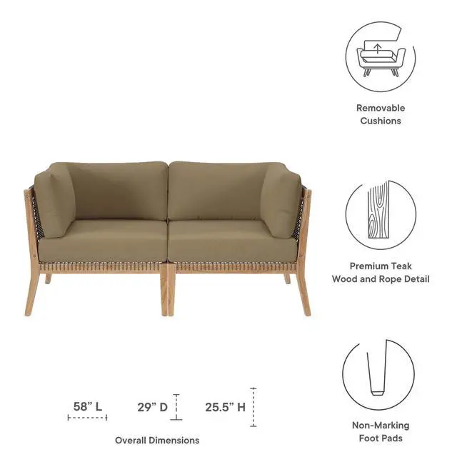 Alt view image 6 of 7 - Clearwater Outdoor Patio Teak Wood Loveseat Gray Light Brown EEI-6119-GRY-LBR