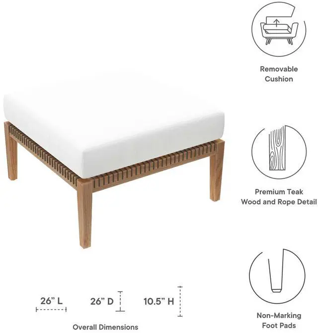 Alt view image 5 of 7 - Clearwater Outdoor Patio Teak Wood Ottoman Gray White EEI-5854-GRY-WHI