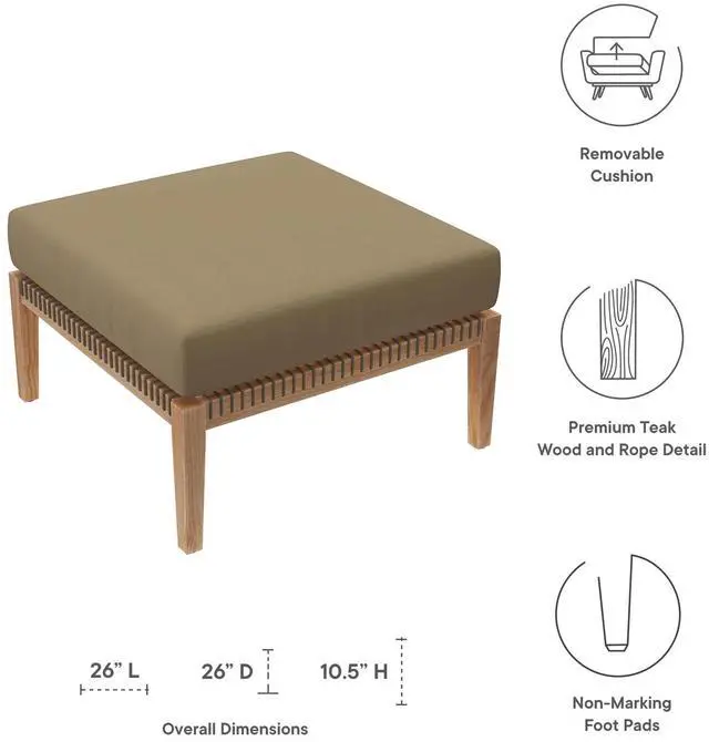 Alt view image 5 of 7 - Clearwater Outdoor Patio Teak Wood Ottoman Gray Light Brown EEI-5854-GRY-LBR