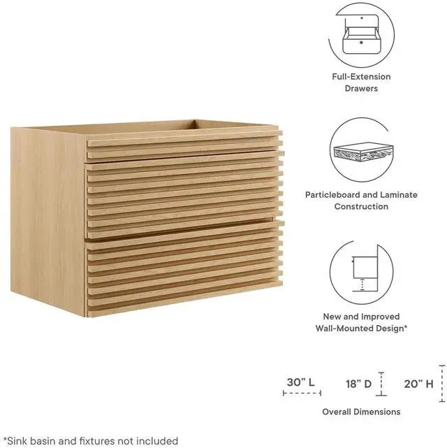 Alt view image 7 of 7 - Render 30" Wall-Mount Bathroom Vanity Cabinet (Sink Basin Not Included) Oak EEI-4850-OAK