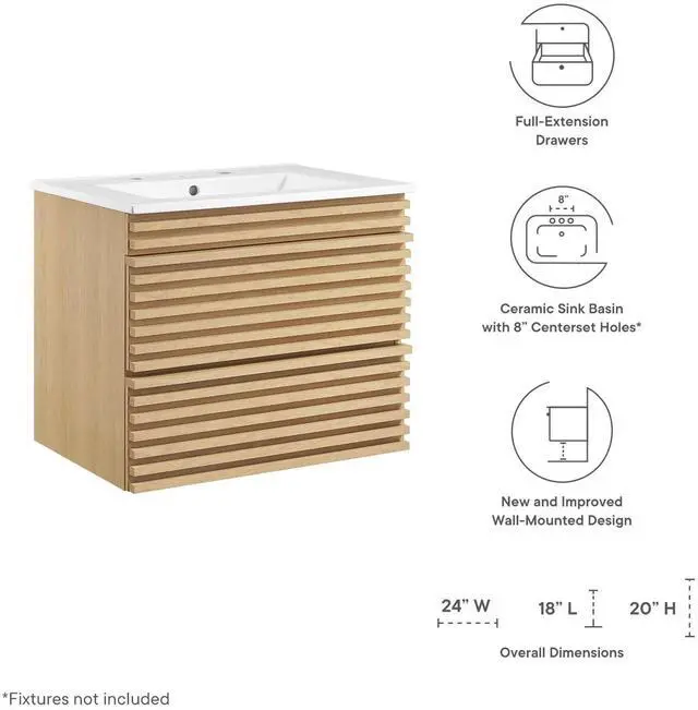 Alt view image 7 of 7 - Render 24" Wall-Mount Bathroom Vanity Oak White EEI-4433-OAK-WHI