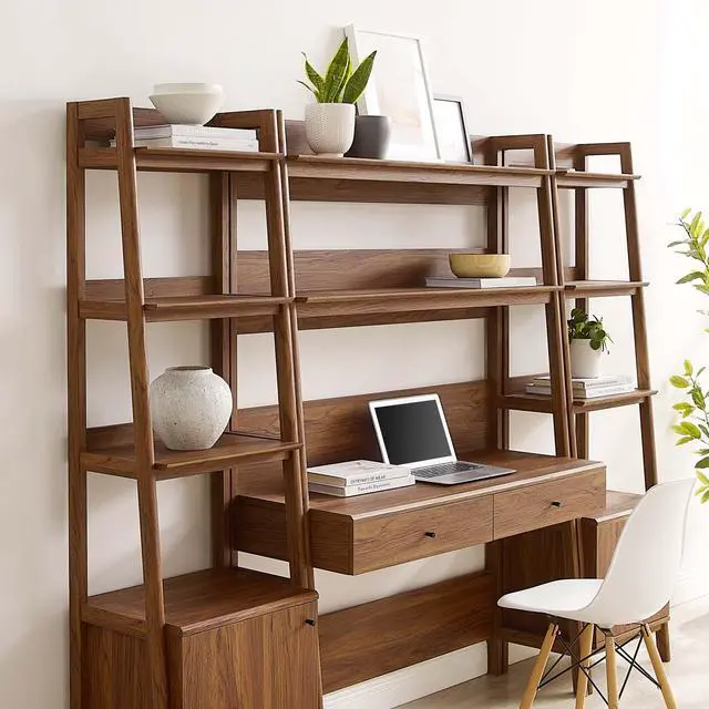 Alt view image 3 of 5 - Bixby 3-Piece Wood Office Desk and Bookshelf Walnut EEI-6114-WAL