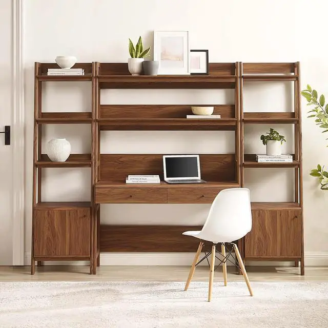 Alt view image 4 of 5 - Bixby 3-Piece Wood Office Desk and Bookshelf Walnut EEI-6114-WAL