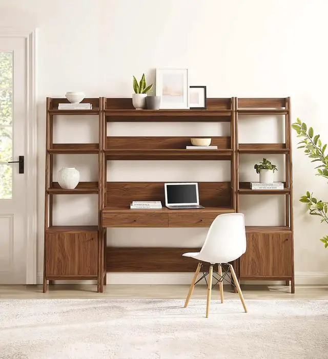 Alt view image 5 of 5 - Bixby 3-Piece Wood Office Desk and Bookshelf Walnut EEI-6114-WAL