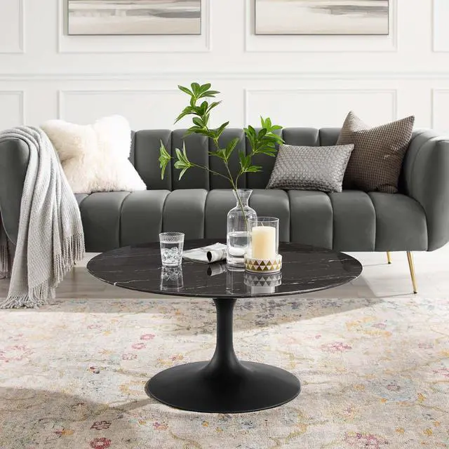 Alt view image 6 of 6 - Lippa 36" Round Artificial Marble Coffee Table Black Black EEI-4884-BLK-BLK