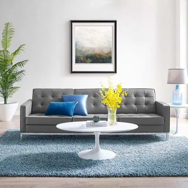 Alt view image 4 of 4 - Loft Tufted Vegan Leather Sofa and Ottoman Set Silver