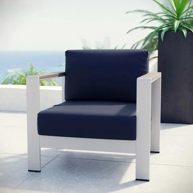 Alt view image 4 of 4 - Shore Outdoor Patio Aluminum Armchair Silver Navy EEI-2266-SLV-NAV