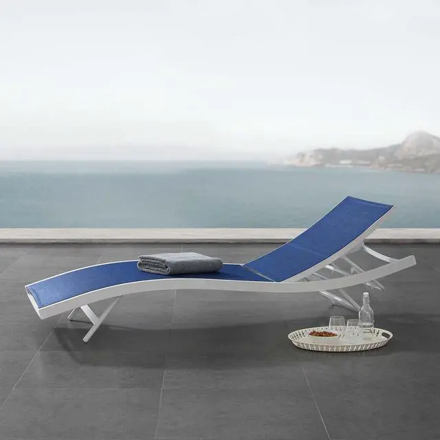 Alt view image 7 of 7 - Glimpse Outdoor Patio Mesh Chaise Lounge Chair White Navy EEI-3300-WHI-NAV