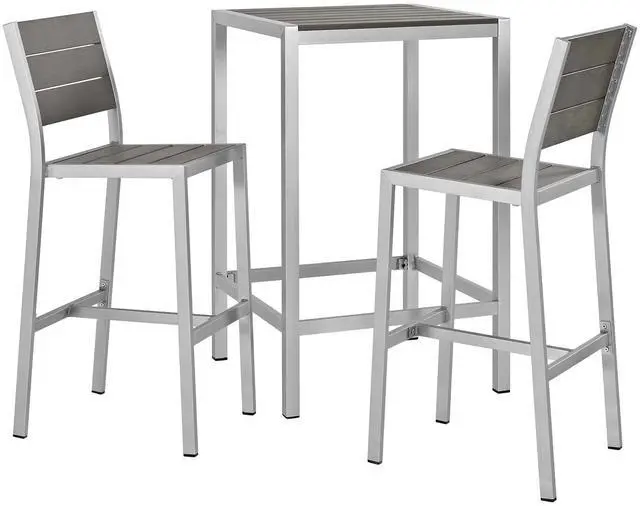 Main image of Shore 3 Piece Outdoor Patio Aluminum Pub Set Silver Gray EEI-3158-SLV-GRY-SET
