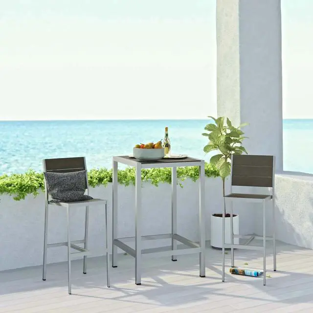 Alt view image 7 of 7 - Shore 3 Piece Outdoor Patio Aluminum Pub Set Silver Gray EEI-3158-SLV-GRY-SET