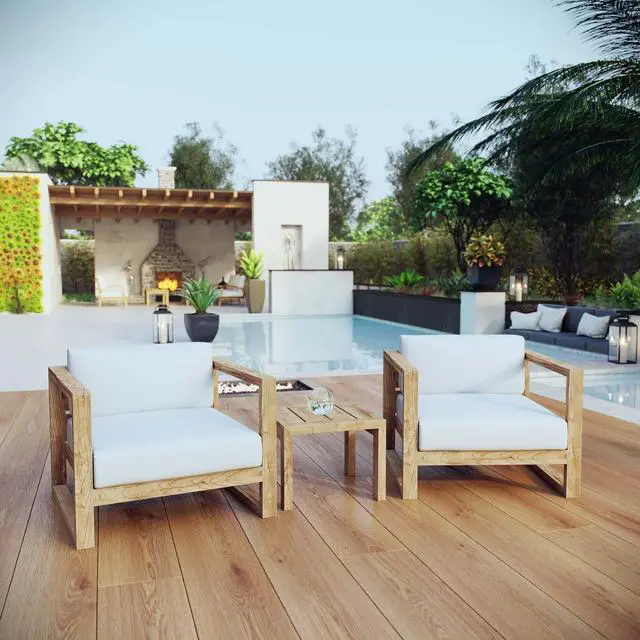 Alt view image 7 of 7 - Upland 3 Piece Outdoor Patio Teak Set Natural White EEI-3119-NAT-WHI-SET
