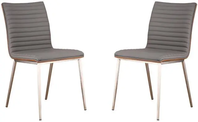 Main image of Caf Brushed Stainless Steel Dining Chair in Gray Faux Leather with Walnut Back - Set of 2