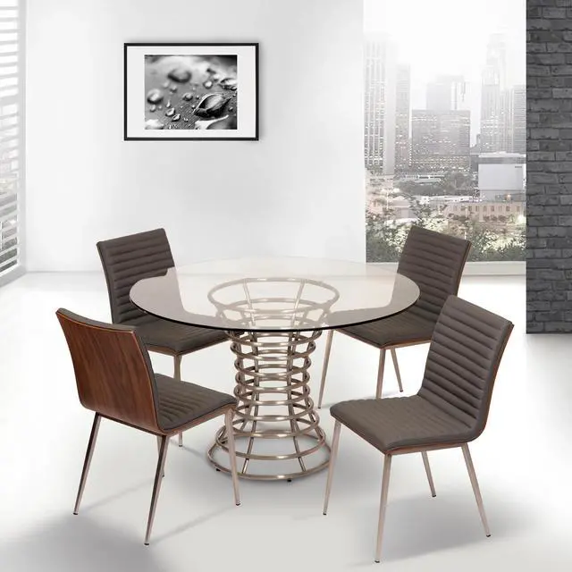 Alt view image 2 of 6 - Caf Brushed Stainless Steel Dining Chair in Gray Faux Leather with Walnut Back - Set of 2